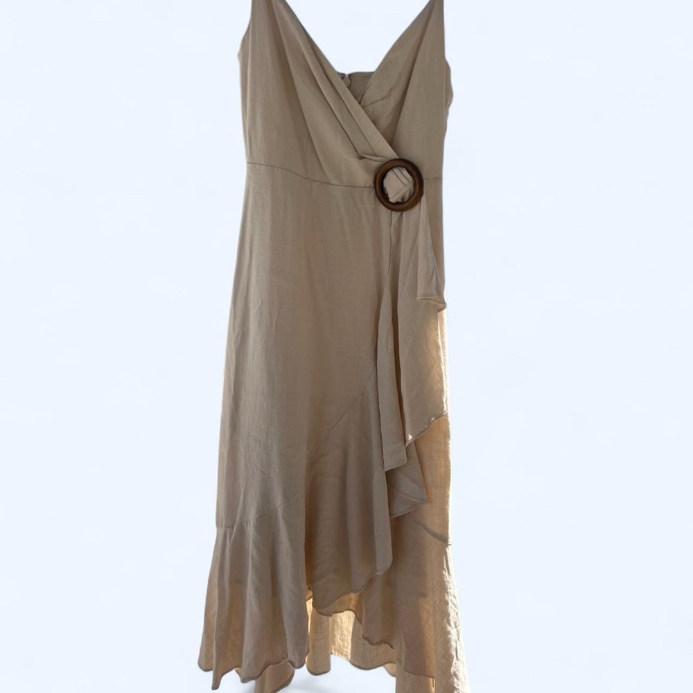 Vintage BCBG Max Azria Tan Wrap Dress with Wooden Ring Detail